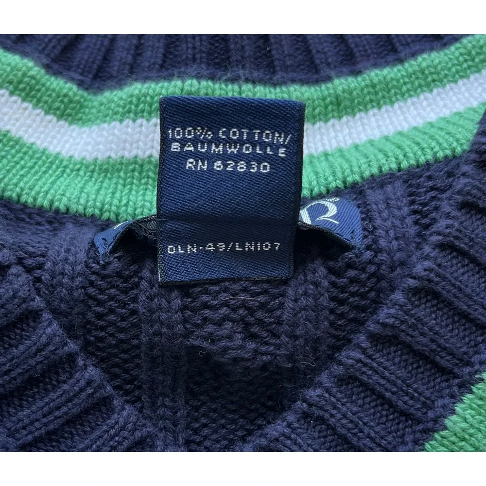 Lands' End Varsity Cable Knit V-Neck Sweater Women Medium Navy Green Tennis Prep